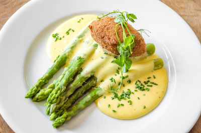 High angle view of breakfast served in plate