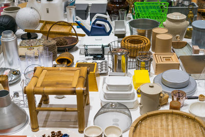 High angle view of objects on table