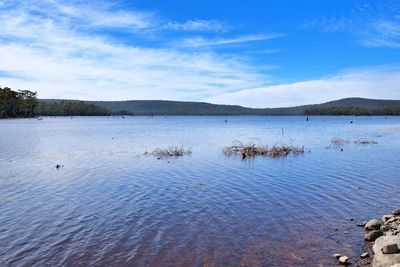 Scenic view of lake against blue sky