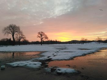 Scenic view of snow covered land against sky during sunset