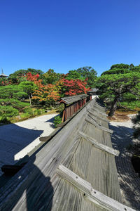 Panoramic shot of footbridge against clear blue sky