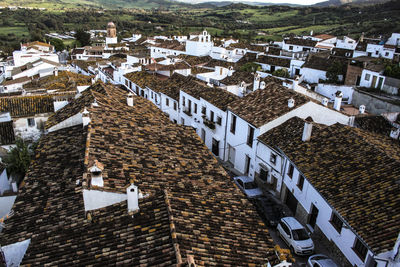 High angle view of houses in city