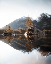 Reflection of mountain in lake against sky