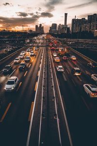 High angle view of traffic on highway during sunset