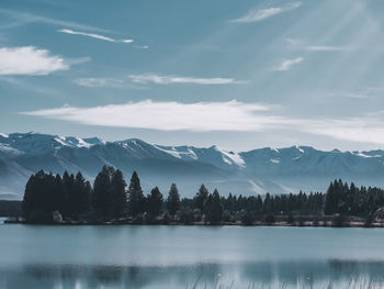 Scenic view of lake by mountains against sky