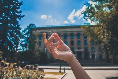 Close-up of hand against plants and trees against sky