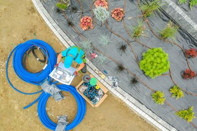High angle view of man working by plants on land