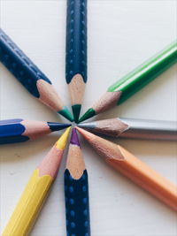 Directly above view of colored pencils on table