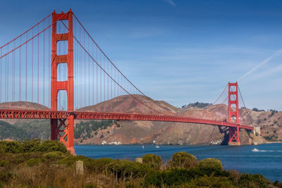 Golden gate bridge over river against sky