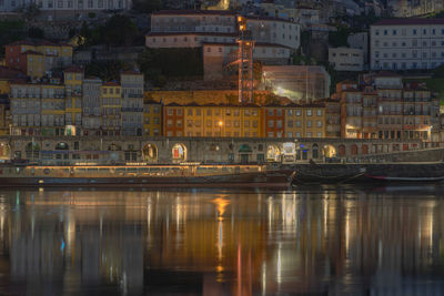 Reflection of illuminated buildings in water