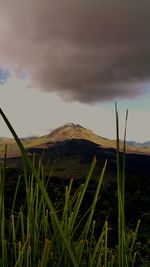 Scenic view of field against storm clouds