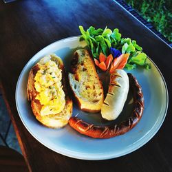 High angle view of breakfast served on table