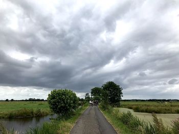 Road amidst trees on field against sky