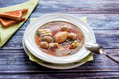 High angle view of food in plate on table