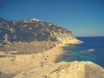 Scenic view of sea against clear blue sky