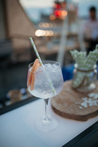 High angle view of cocktail in glass on table at restaurant