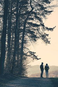 Rear view of couple standing by tree against sky