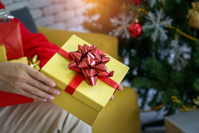 Midsection of person holding christmas decoration in box