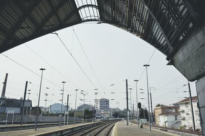 Railroad track in city against clear sky