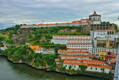 Port wine storage buildings by river against sky