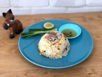 High angle view of food in plate on table