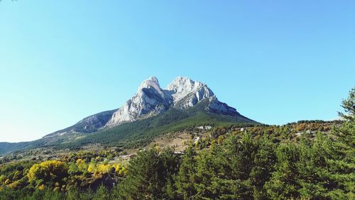 Scenic view of mountains against clear blue sky