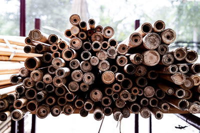 Close-up of stack of pipes