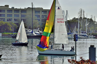 Sailboats in river against sky