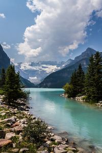 Scenic view of lake and mountains against sky