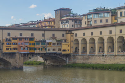 Bridge over river by buildings against sky