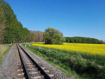 Scenic view of railroad tracks against clear sky