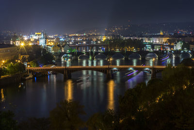 Illuminated bridge over river in city at night