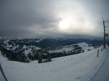 Scenic view of snow covered mountains against sky