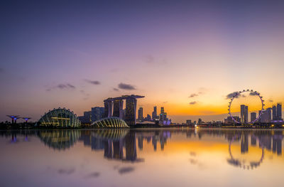 Reflection of buildings in river against sky during sunset