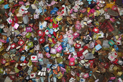 Full frame shot of padlocks on railing