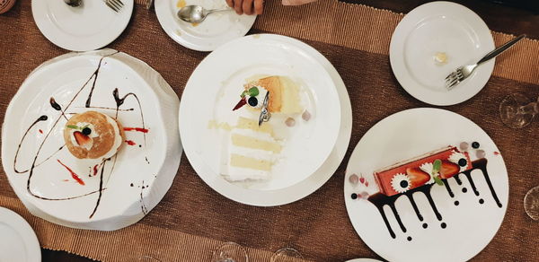 High angle view of dessert in plate on table