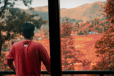 Rear view of man looking through window