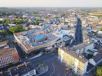 High angle view of buildings in city