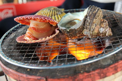 Close-up of meat on barbecue grill