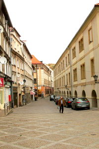 People walking on road along buildings