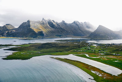 Scenic view of lake and mountains against sky