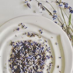 Directly above shot of petals in plate on table
