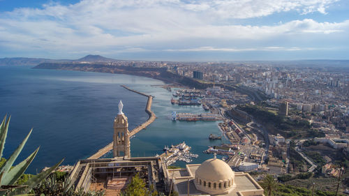 High angle view of city at seaside