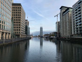 City skyline by river against sky