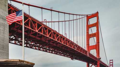 Low angle view of suspension bridge against sky