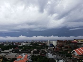 High angle view of buildings in city against sky