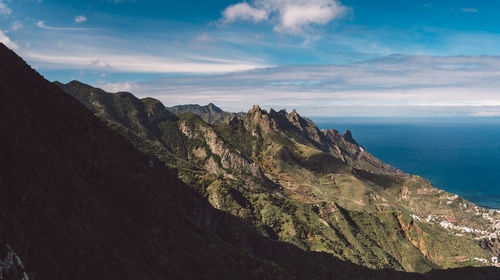 Scenic view of sea and mountains against sky