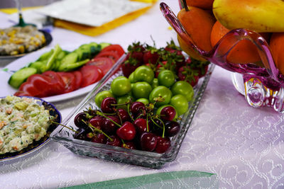 Close-up of fruits in plate on table