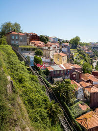 High angle view of buildings in town against clear sky