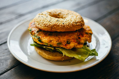 Close-up of burger in plate on table